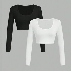 Black & White Long Sleeve Scoop Neck Crop Top Set